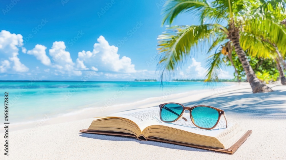 Serene Beach Escape: Relaxing with a Book and Sunglasses by the Shore Serene Beach Escape: Relaxing with a Book and Sunglasses by the Shore