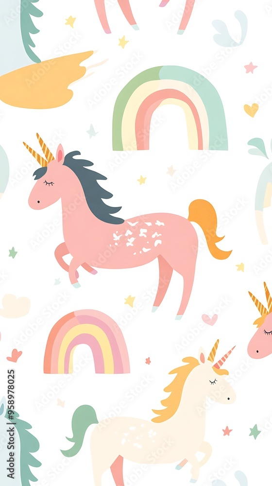 Whimsical Pastel Unicorns and Rainbows Pattern in Kawaii Style on White Background Whimsical Pastel Unicorns and Rainbows Pattern in Kawaii Style on White Background