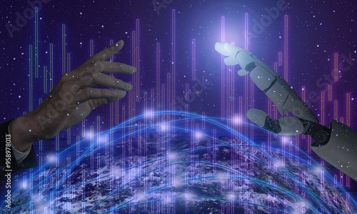 White cyborg finger almost touching a human finger on a dark background, symbolizing the connection between technology and humanity, 