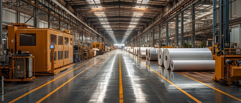 Industrial Factory Floor: Rows of gleaming aluminum rolls line the polished floor of a vast, modern industrial factory, bathed in the warm glow of overhead lights. Industrial Factory Floor: Rows of gleaming aluminum rolls line the polished floor of a vast, modern industrial factory, bathed in the warm glow of overhead lights.