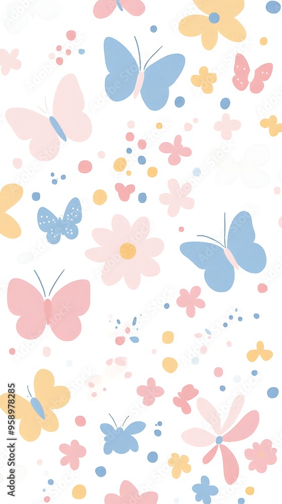 Sweet Pastel Flowers and Butterflies Pattern in Kawaii Style on White Background - Simple and Endearing Design Sweet Pastel Flowers and Butterflies Pattern in Kawaii Style on White Background - Simple and Endearing Design
