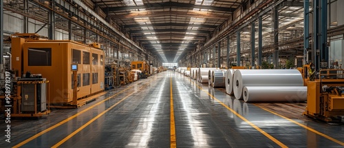 Industrial Factory Floor: Rows of gleaming aluminum rolls line the polished floor of a vast, modern industrial factory, bathed in the warm glow of overhead lights.