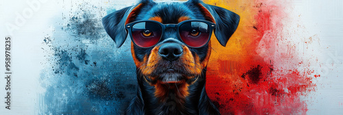 A cool Rottweiler with sunglasses stares directly at the camera in front of a bright, colorful background. photo