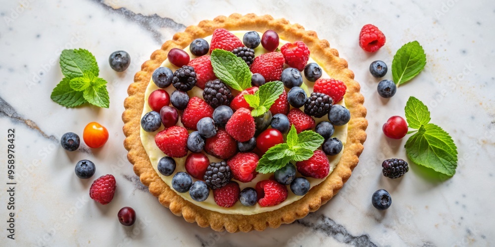 A Top View of a Delicious Berry Tart with a Creamy Filling, Tart, Berry, Dessert A Top View of a Delicious Berry Tart with a Creamy Filling, Tart, Berry, Dessert