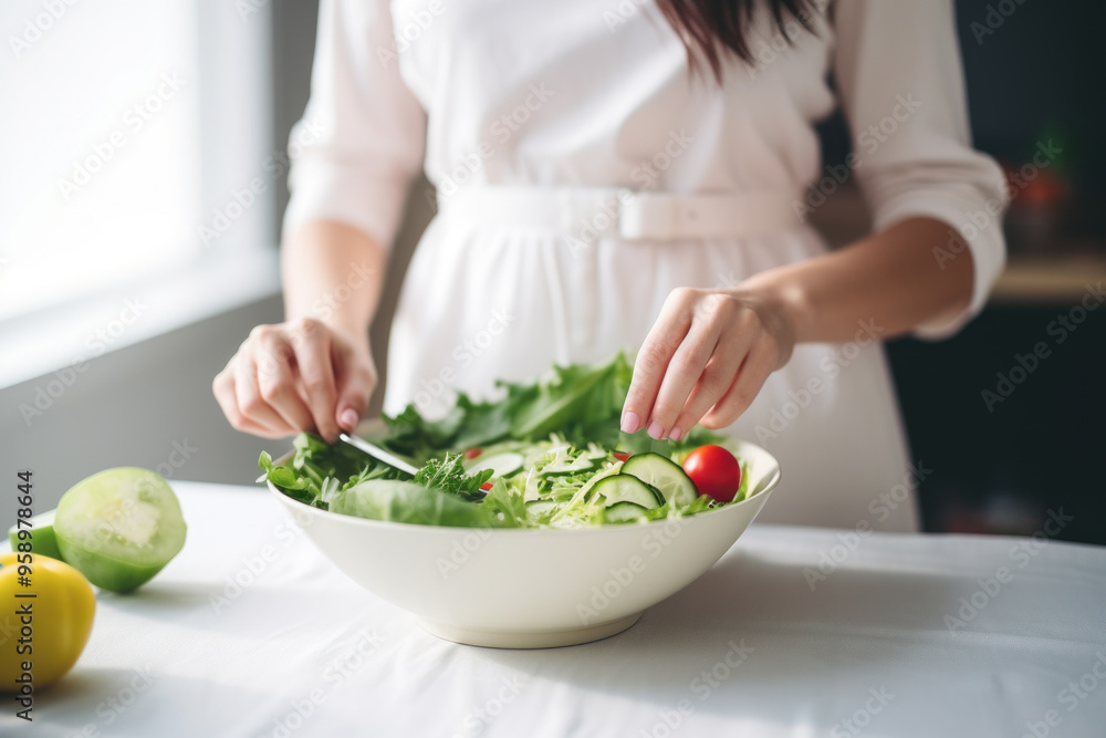 Naklejka premium Woman in a white dress preparing fresh vegetable salad with tomatoes and cucumbers in a bright kitchen. Healthy eating concept.