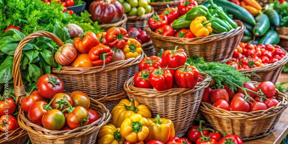 A Vibrant Harvest of Red, Yellow, and Green Peppers in Wicker Baskets, Vegetables, Produce, Market A Vibrant Harvest of Red, Yellow, and Green Peppers in Wicker Baskets, Vegetables, Produce, Market