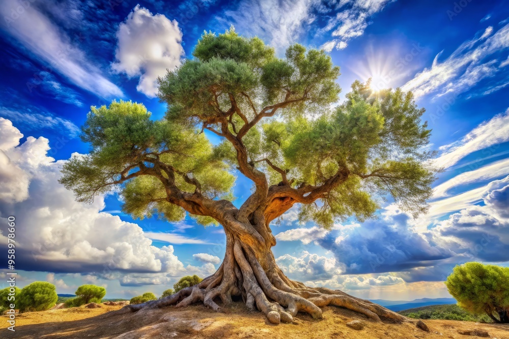 Vibrant illustration of a sprawling, ancient olive tree with twisted branches and gnarled trunk, set against a bright Vibrant illustration of a sprawling, ancient olive tree with twisted branches and gnarled trunk, set against a bright