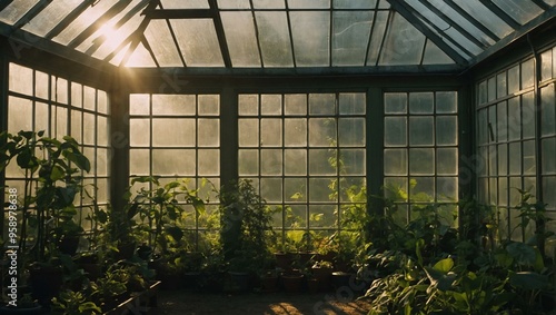 Sunlight streaming through a greenhouse window, illuminating the lush greenery inside.