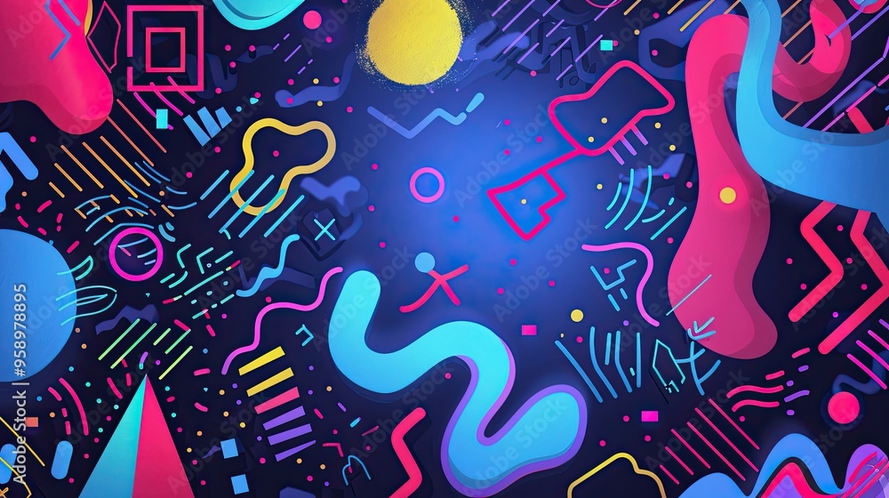 Fototapeta premium an 80s inspired poster background, featuring abstract illustrations and shapes, quirky neon artwork
