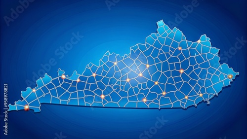 Vibrant illustration of the State of Kentucky's outline, featuring its major cities, roads, and borders, set against a photo