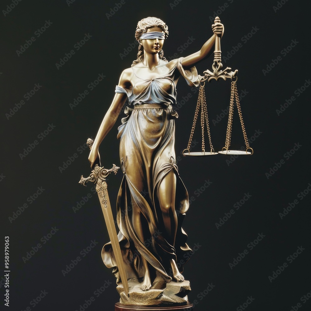 A bronze statue of Lady Justice, blindfolded, holding scales and a sword. A bronze statue of Lady Justice, blindfolded, holding scales and a sword.