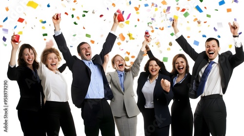 Happy business people celebrating with confetti. photo