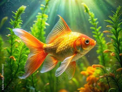 Vibrant orange-gold fish with iridescent scales and flowing fins swims amidst lush green aquatic plants and soft,