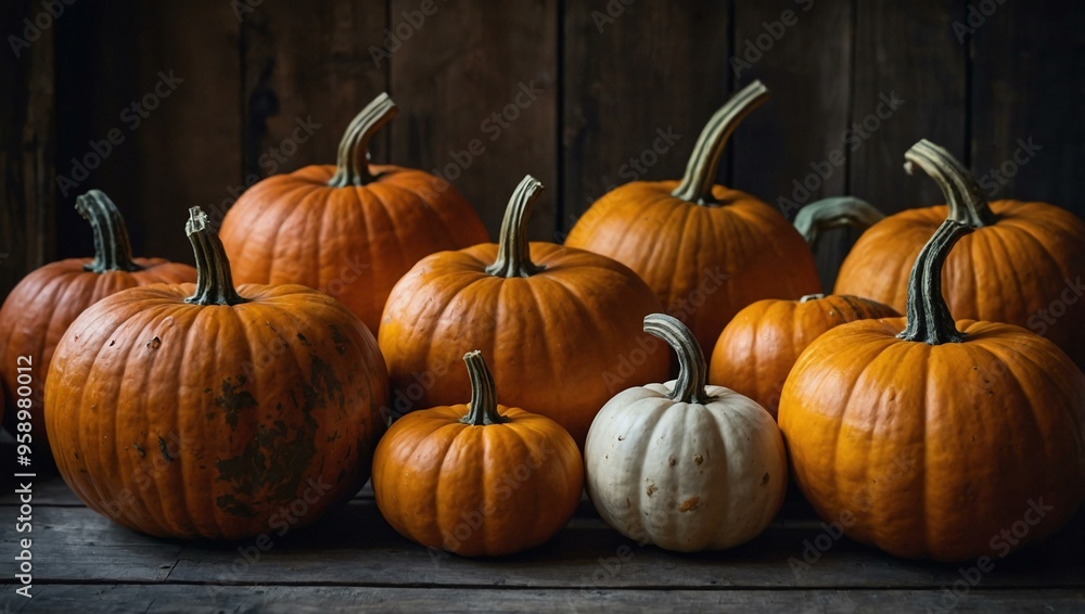 Various Pumpkins Displayed on a Rustic Surface Various Pumpkins Displayed on a Rustic Surface