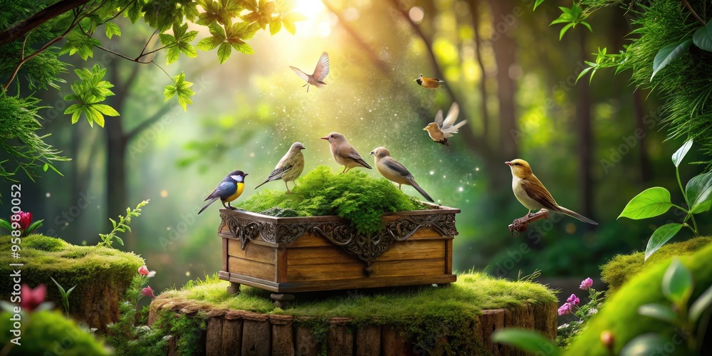 Serene forest scene featuring a delicate music box surrounded by lush greenery, with birds perched nearby, evoking a sense of harmony and nature's symphony. Serene forest scene featuring a delicate music box surrounded by lush greenery, with birds perched nearby, evoking a sense of harmony and nature's symphony.