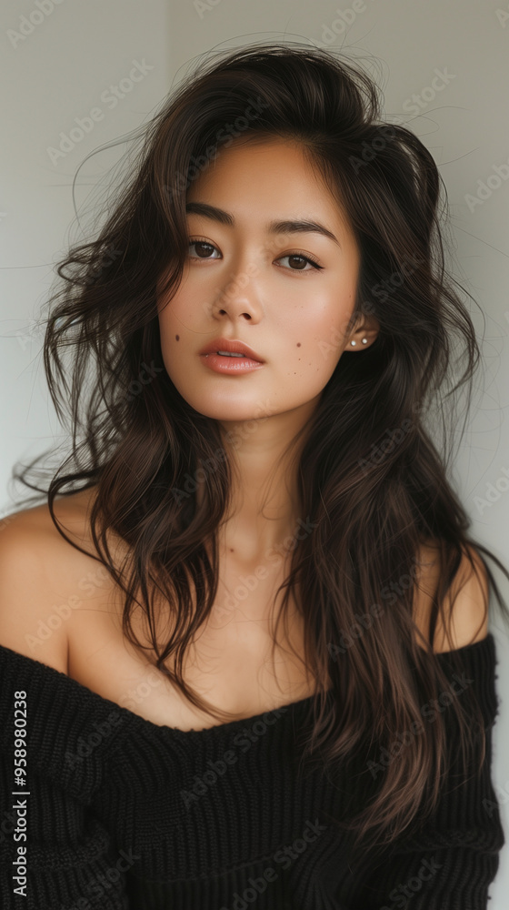 Portrait of a young Asian woman in a chic off-shoulder top, softly lit. Portrait of a young Asian woman in a chic off-shoulder top, softly lit.