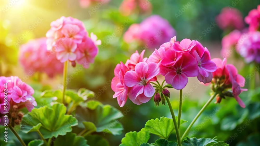 Vibrant pink geranium flowers bloom in a lush garden, surrounded by green leaves and stems, with soft focus Vibrant pink geranium flowers bloom in a lush garden, surrounded by green leaves and stems, with soft focus