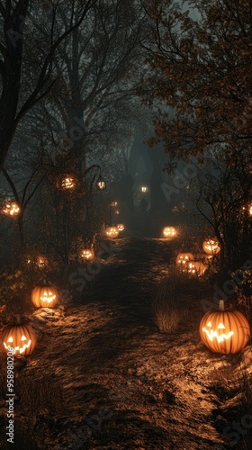 Wallpaper Mural Enchanted Forest Trail at Night with Glowing Pumpkins and Ghostly Figures Amidst the Fog Torontodigital.ca