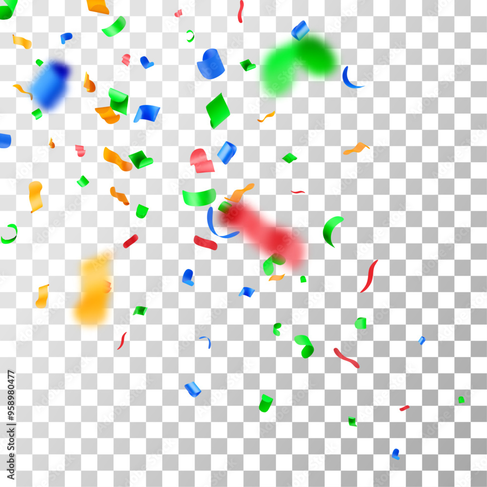 3D color party confetti on transparent background. Render colorful confetti in empty space. Metal firecracker elements in various shapes. Party, holiday, surprise birthday events. Vector illustration 3D color party confetti on transparent background. Render colorful confetti in empty space. Metal firecracker elements in various shapes. Party, holiday, surprise birthday events. Vector illustration