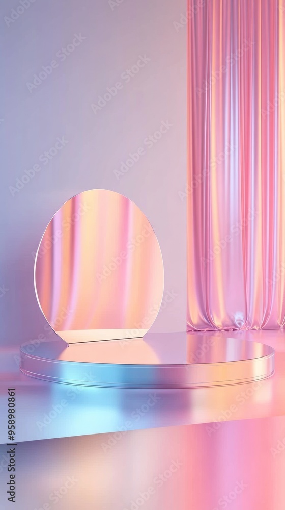 A pink curtain hangs over a silver pedestal A pink curtain hangs over a silver pedestal