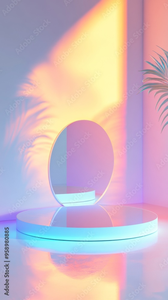 A white circular platform with a mirror on it A white circular platform with a mirror on it