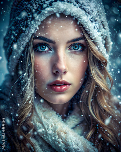 A young woman with blonde hair and blue eyes, wearing a white scarf and a white hat, looking into the camera with a thoughtful expression