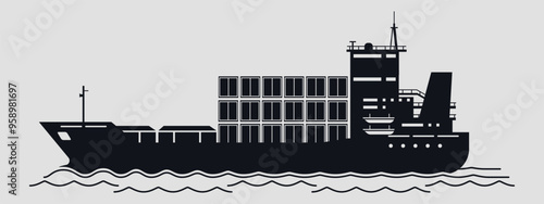 Black cargo ship with containers.  Vector on gray background