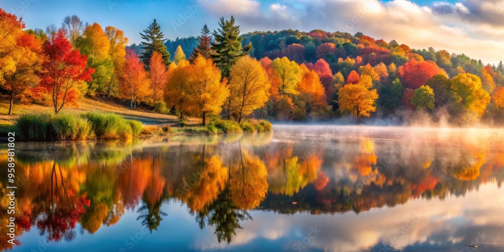 Autumn Reflections in a Misty Lake, Fall Colors, Nature Photography, Lake Reflections Autumn Reflections in a Misty Lake, Fall Colors, Nature Photography, Lake Reflections