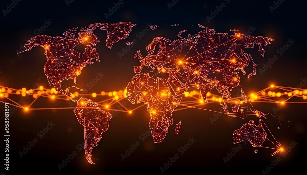 A world map at night showing the lights of cities and towns across the globe, with the continents and oceans visible in the dark background A world map at night showing the lights of cities and towns across the globe, with the continents and oceans visible in the dark background