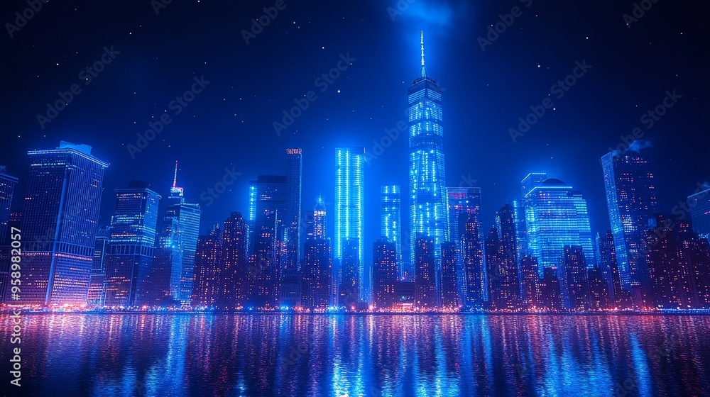A vibrant city skyline illuminated in blue tones, reflecting on water under a starry night sky. A vibrant city skyline illuminated in blue tones, reflecting on water under a starry night sky.
