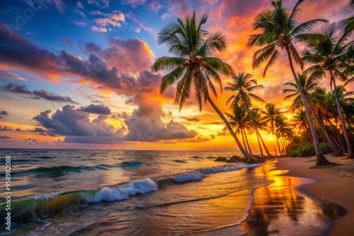 Vibrant sunset over a tranquil tropical beach, with swaying palm trees and gentle waves lapping at the shore,