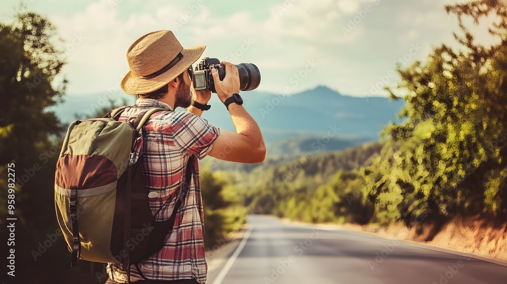 Obraz premium A young man in a plaid shirt takes a picture with his camera on the side of a road.