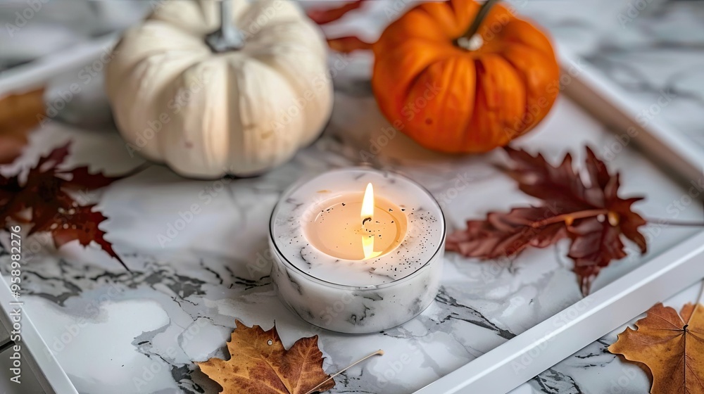 A marble table with fall decorations and candles A marble table with fall decorations and candles