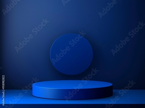 Display pedestal on empty background showing a blue minimalist concept double cylinder pedestal.