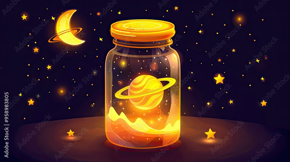 A glass bottle with planets and stars inside A glass bottle with planets and stars inside