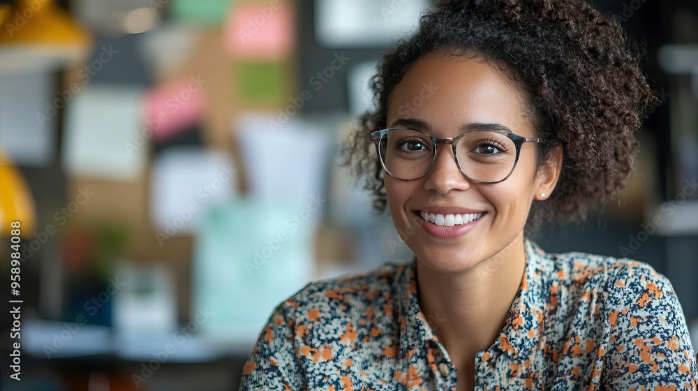 Smiling woman in glasses, showcasing confidence and warmth in a professional environment with creative background elements. Smiling woman in glasses, showcasing confidence and warmth in a professional environment with creative background elements.