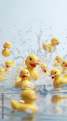 Quirky Rubber Ducklings in Splashing Fun on White Background - Playful 3D Rendering in Canon EOS Style (8K Resolution) photo