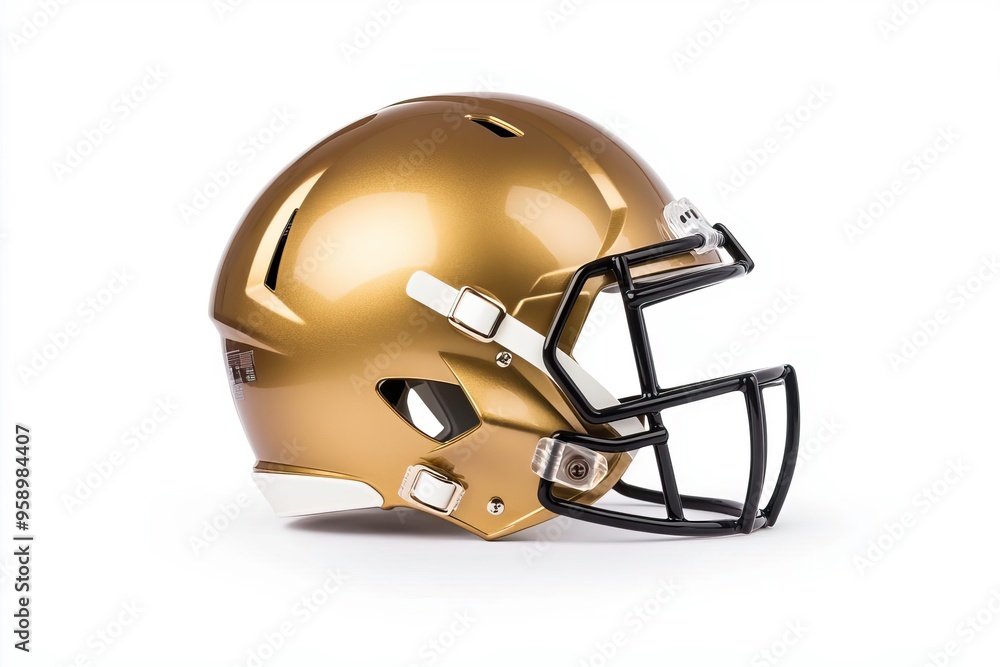Fototapeta premium Stylish gold football helmet isolated on white background, perfect for sports-themed projects and branding.