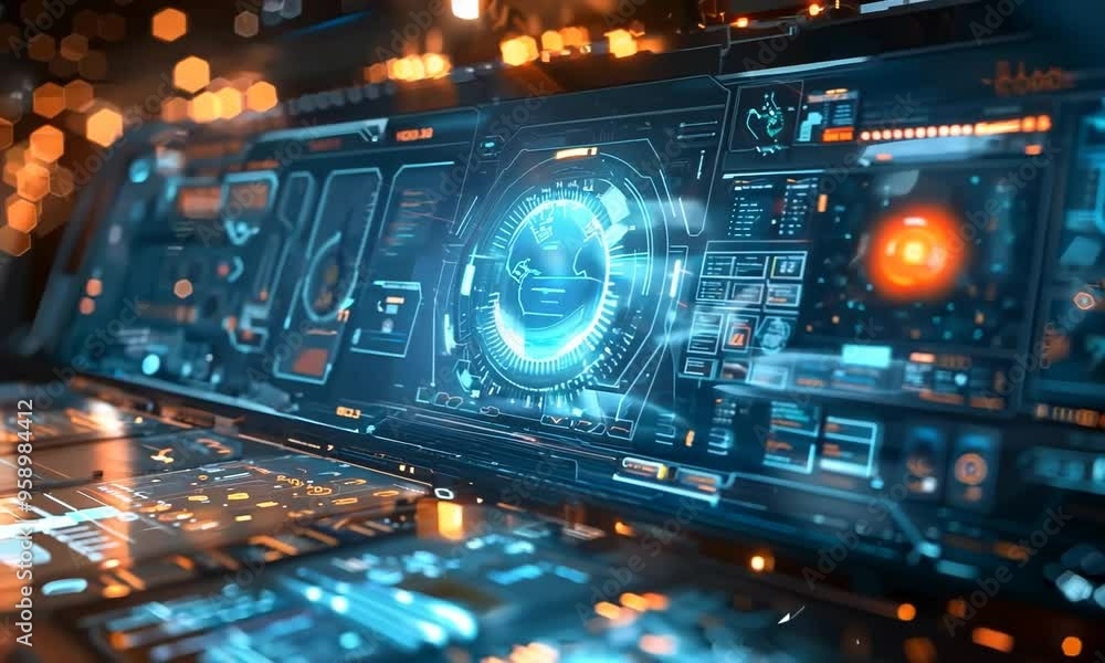 A holographic interface projected onto a transparent screen, displaying information and data. Video A holographic interface projected onto a transparent screen, displaying information and data. Video