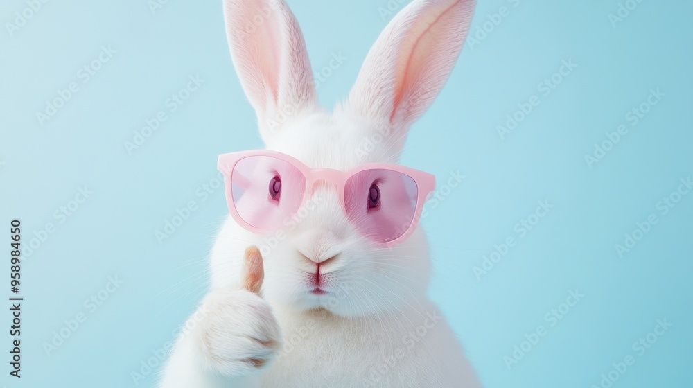 Obraz premium A white rabbit wearing pink glasses is giving a thumbs up