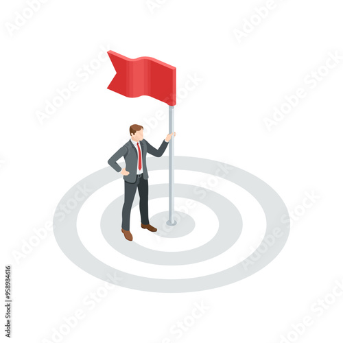 isometric vector business man with flag on a target, in color on a white background, success achievement or leader