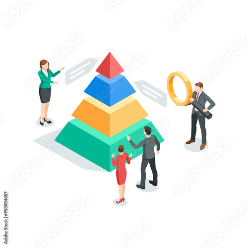 isometric vector business people analyzing pyramid chart, in color on a white background, statistics data research and professional team work