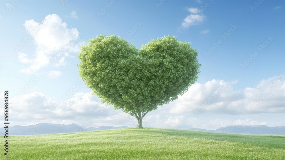 A tree with a heart shape is growing in a field A tree with a heart shape is growing in a field