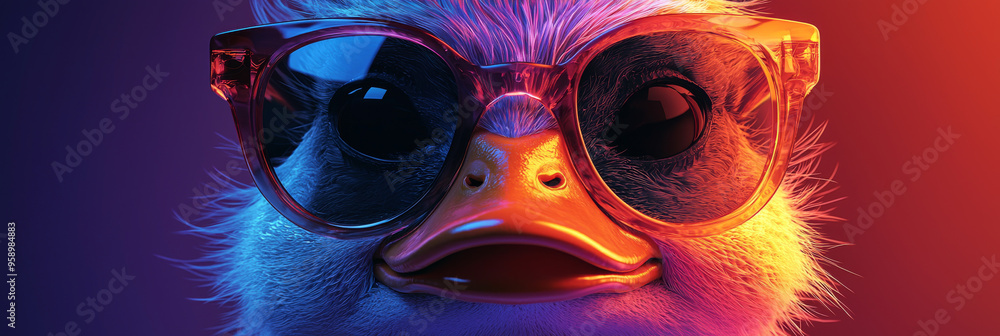 A close-up of a fuzzy bird wearing oversized sunglasses, with vibrant pink and blue lighting. A close-up of a fuzzy bird wearing oversized sunglasses, with vibrant pink and blue lighting.