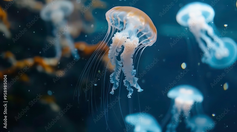 A single jellyfish with long, thin tentacles floats in the water with other jellyfish out of focus in the background. A single jellyfish with long, thin tentacles floats in the water with other jellyfish out of focus in the background.