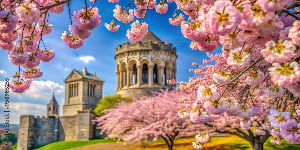 Fototapeta premium Cherry Blossoms Framing an Ancient Structure, Spring, Floral, Architecture, Landscape, Castle, Pink Flowers