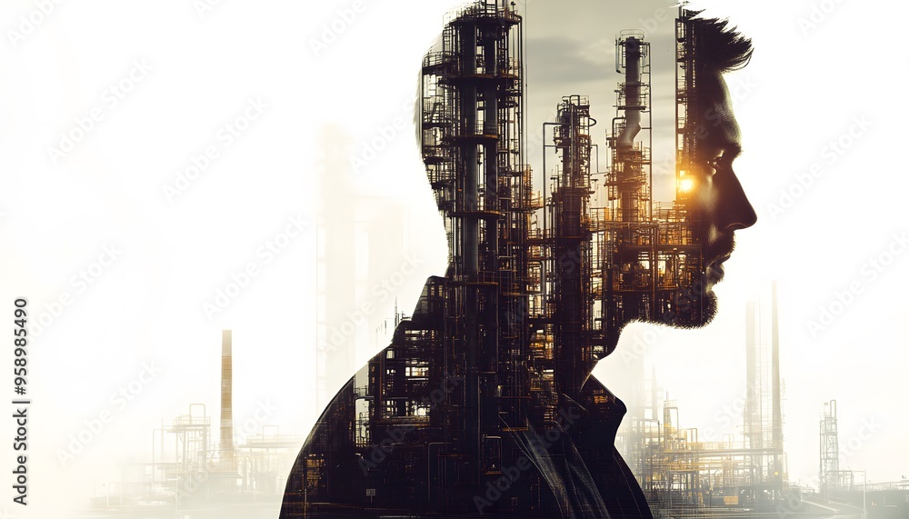 Man's Face Composed of Industrial Refinery Towers Man's Face Composed of Industrial Refinery Towers