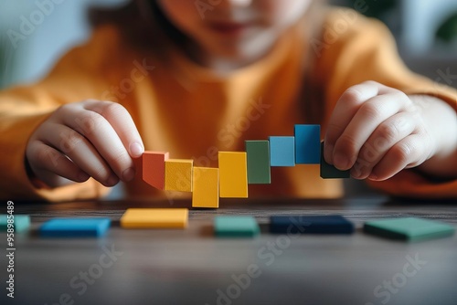 A child arranging colorful shape blocks, showcasing creativity and playfulness in educational activities. photo