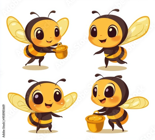 A cartoon bee character set featuring a happy bee holding a honey dipper and a honeycomb sign. An illustration of a bee mascot.