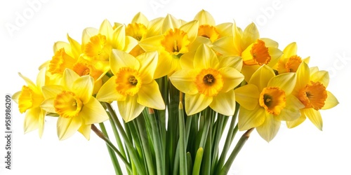 Close-up of a bouquet of yellow daffodils against a white background, showcasing their delicate petals and vibrant colors, Spring flowers , yellow flower , daffodils
